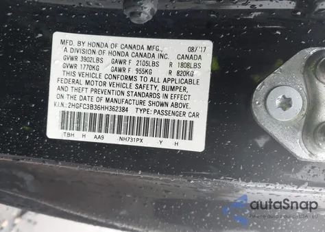 2017 Honda Civic Ex-T from USA, damaged, VIN 2HGFC3B36HH362384